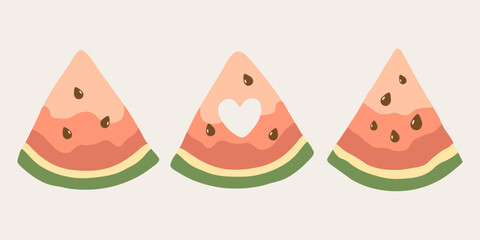 Three juicy watermelon slices hand drawn in flat style. Vector illustration of summer fruit cut with seeds and heart.