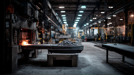 Interior shot of a factory with a furnace and a container filled with raw materials in focus view