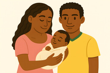 Obraz premium jovem casal brasileiro - mãe, pai e bebê, ilustração em tons pastéis, demografia, natalidade, instituto da família