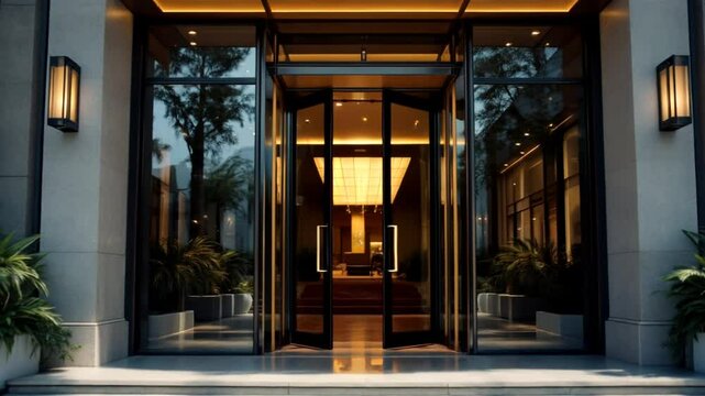POV walking into luxurious hotel entrance with elegant lobby ahead