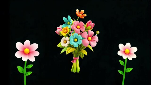 Colorful floral bouquet illustration animation isolated asset, transparent 4K video, alpha channel, ProRes 4444