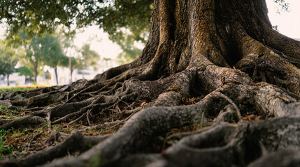 Obraz premium A close up view of the base of a large tree with exposed roots in a grassy park environment outdoors