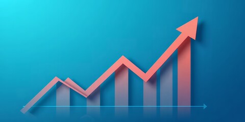 An upward trending arrow and bar graph in shades of pink on a gradient blue background image