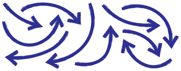 grunge arrow . Set of blue hand drawn grunge doodle spiral and curved charcoal, chalk arrows on white background. Collection various bold brush drawn arrows and squiggle lines. Blue Hand drawn vector 