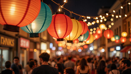 Colorful paper lanterns illuminating busy street during night festival, celebration