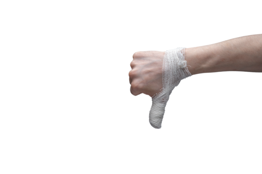 Bandaged Thumb Pointing Down – Hand Injury, PNG Transparent Background