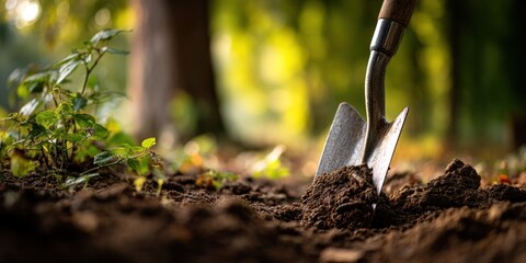 Shovel in Soil Gardening tool pushing into dirt ground, sunny park background