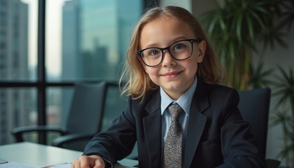 Little girl in business suit with glasses smiles at camera. Child portrays businesswoman in office. Concept of children in adult professions. Education, career, and corporate lifestyle.