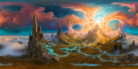 Full 360 degrees seamless spherical panorama HDRI equirectangular projection of mystical fantasy alien landscape. Texture environment map for lighting and reflection source rendering 3d scenes.