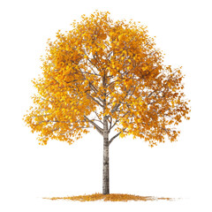 Golden autumn tree standing tall in a serene landscape, showcasing vibrant foliage against a bright white backdrop.