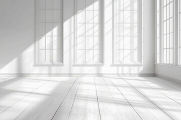Empty white room with large windows. Sunlight casts shadows on the light-colored wooden floor