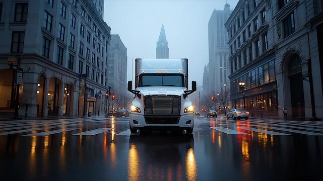 Freightliner Cascadia on a Rainy City Street