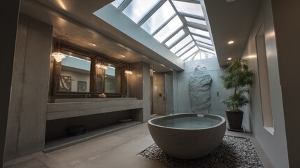 Fototapeta premium Modern bath with linear skylight and sculpted tub 