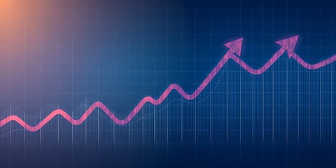 Pink line graph with upward arrows on a blue grid background showing positive trend growth