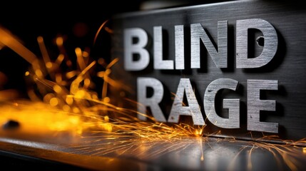 Metal Sign Reading "Blind Rage" with Sparks Flying Around in an Industrial Setting