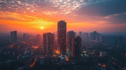Obraz premium City skyline at sunrise with colorful sky