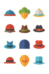 Colorful flat vector icons of hats and headwear