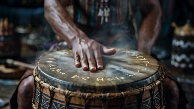 Close-up of hands passionately playing an ethnic drum, warm and rhythmic atmosphere