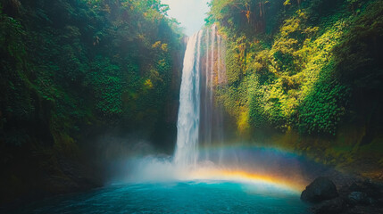 A tall waterfall cascading into a turquoise pool
