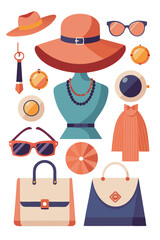 Fashion accessories illustration with hats, bags, and eyewear