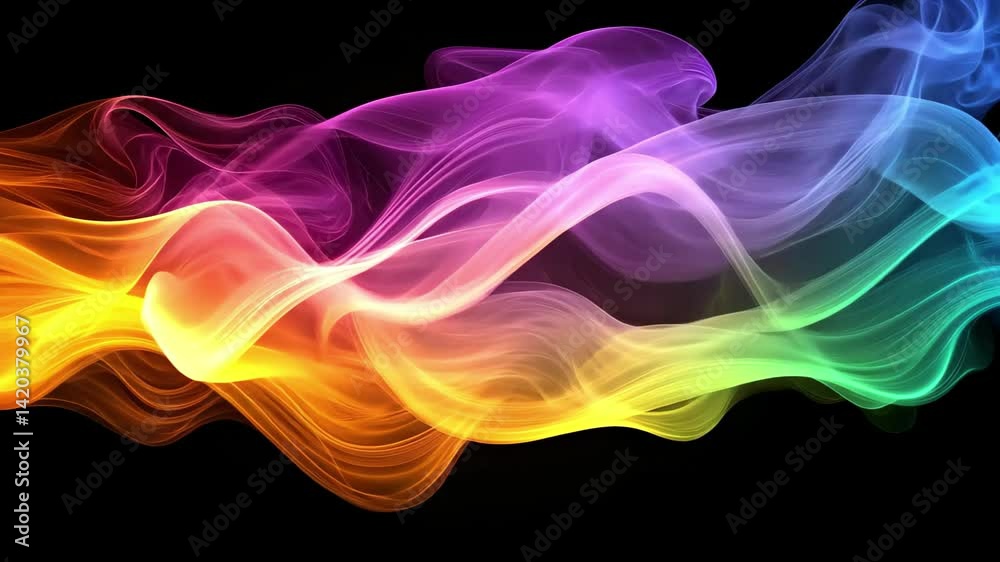 Poster Vibrant smoke trails gracefully flowing across a dark background in a mesmerizing display of colors, Defocused smoke on a dark background