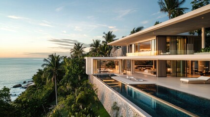 Stunning beachfront villa with infinity pool and tropical landscape.