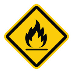 Bright yellow diamond fire hazard warning sign with bold black flame silhouette and horizontal line. Flat vector illustration, simple safety symbol for flammable materials or industrial use. 