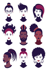 Diverse Cartoon Avatar Portrait Set in Dark Tones