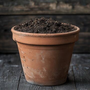 A terracotta flowerpot filled with rich soil