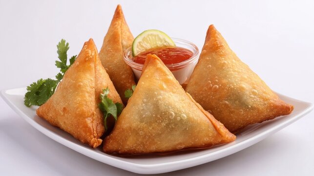 Indian special traditional street food punjabi samosa in plate on white background.