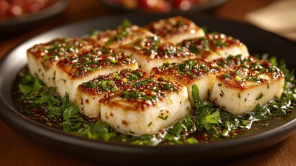 Pan-seared white fish cubes, seasoned and glazed, served with greens