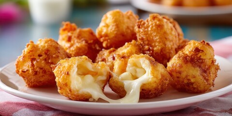 Fried cheese curds ooze on plate, against colorful patterned background