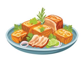 Fresh Salmon Steak with Vegetables - Vector Illustration
