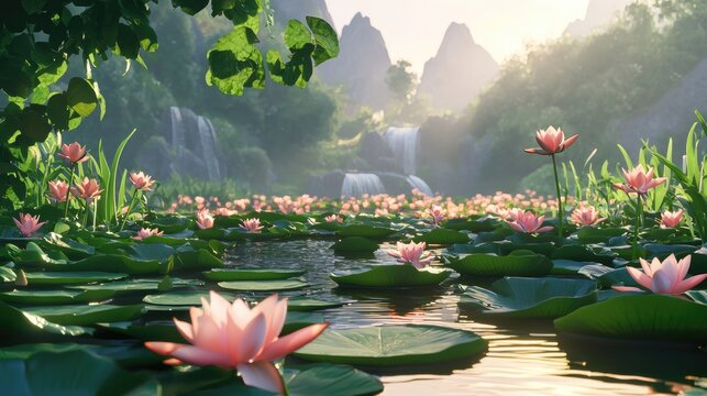 Lush, tranquil lotus pond nestled amidst misty mountains.