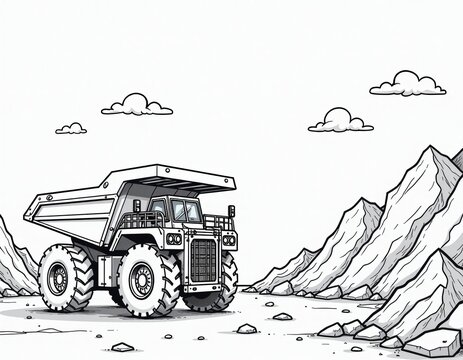 Black and White Cartoon Mining Truck in Mountain Landscape Illustration