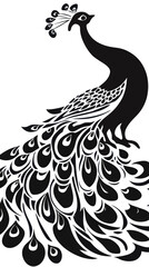 Fototapeta premium Minimalist Black and White Peacock Vector Template for Cutting and Printing SVG
