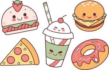 Cute Boba Tea and Donut Clipart Collection. Adorable Kawaii Meal Clipart for Kids Décor. Kawaii Breakfast Doodles for Digital. Sweet Treat Kawaii Clipart Set for Printable
