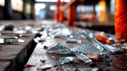 Shattered glass on urban street with broken fragments and reflective surfaces under natural light