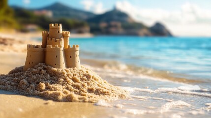 A sand castle sits on the beach near calm ocean waves
