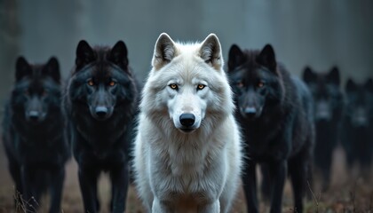 White wolf stands out in crowd of black wolves. Symbol of leadership, courage, uniqueness. Concept of individuality. Team building, business leadership concept. Wildlife animal in nature. Dominance,