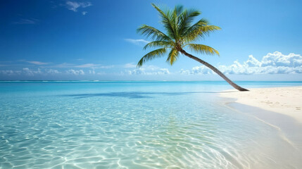A tranquil beach scene with a single palm tree