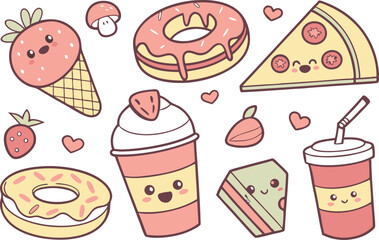 Cute Boba Tea and Donut Clipart Collection. Adorable Kawaii Meal Clipart for Kids Décor. Kawaii Breakfast Doodles for Digital. Sweet Treat Kawaii Clipart Set for Printable
