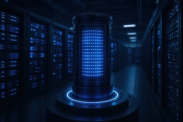High-tech illuminated central server unit in a dark data center, representing advanced cloud computing and digital infrastructure. Futuristic glowing server in data center room

