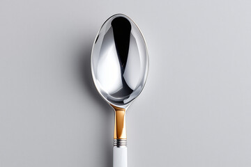 Elegant Spoon: A sleek, modern spoon with a polished silver bowl and a stylish white and gold handle, set against a minimalist grey background.  
