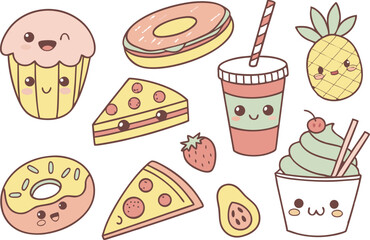Cute Boba Tea and Donut Clipart Collection. Adorable Kawaii Meal Clipart for Kids Décor. Kawaii Breakfast Doodles for Digital. Sweet Treat Kawaii Clipart Set for Printable