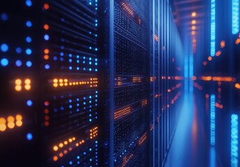 Fototapeta premium Close-up server corridor with glowing blue and orange lights, ideal for visuals of data storage, cloud infrastructure, and secure digital computing systems