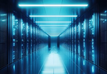Fototapeta premium Clean futuristic server room with bright blue lighting and reflective floor, ideal for visuals representing secure cloud computing, IT architecture, and digital transformation