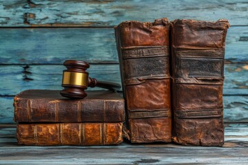 Antique law books and gavel on weathered wooden background. Stacked old leather-bound volumes and a judge's gavel rest on a rustic, distressed wooden surface.