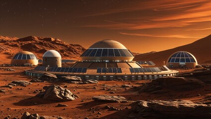 Daylight Mars Base Habitat in Red Martian Landscape