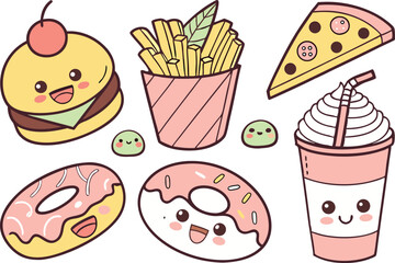 Cute Boba Tea and Donut Clipart Collection. Adorable Kawaii Meal Clipart for Kids Décor. Kawaii Breakfast Doodles for Digital. Sweet Treat Kawaii Clipart Set for Printable